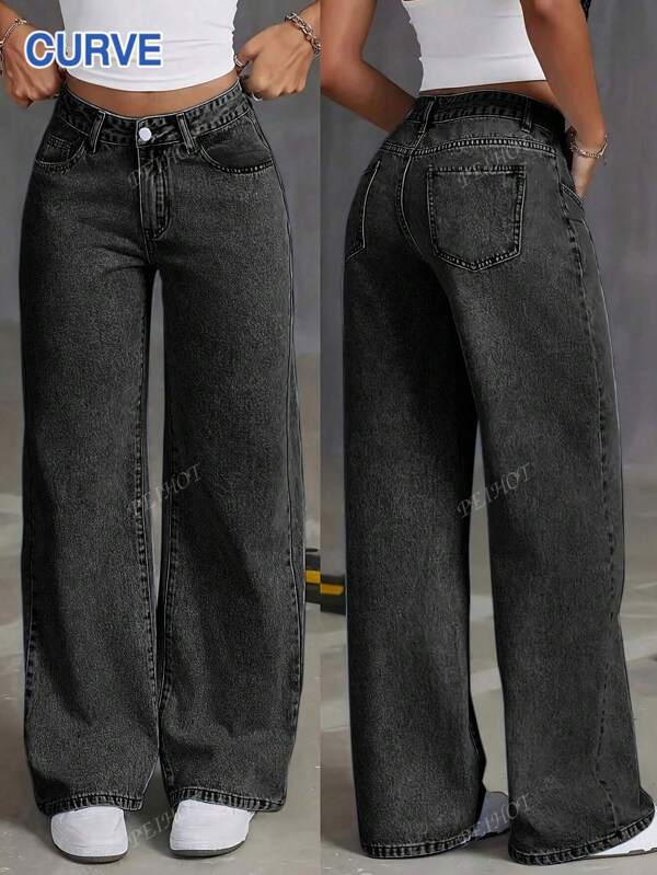 Plus Size Women's Casual Loose Straight Leg Washed Denim Jeans