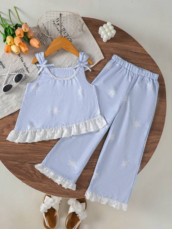 idolCat 2pcs/Set Young Girls Cute Irregular Hem Lace Trim And ​Bow Sleeveless Tank Top And Wide-Leg Pants For Summer Daily Wear, Outdoor And Vacation Girls Summer Clothes