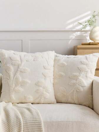 1 件兔毛和奶油白色花卉压花装饰抱枕套，反面荷兰法兰绒面料，方形靠垫套，假日家居枕头装饰，柔软舒适的天鹅绒材质，现代沙发，卧室装饰，秋季装饰，秋季装饰，房间装饰