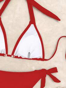 2pcs Women's Ocean Theme Decorative Sexy Casual Bikini Set, Spaghetti Strap Solid Color Swimsuit Suitable For Beach, Swimming, Spring/Summer Vacation, Removable Swimsuit Pads - Red - View 7