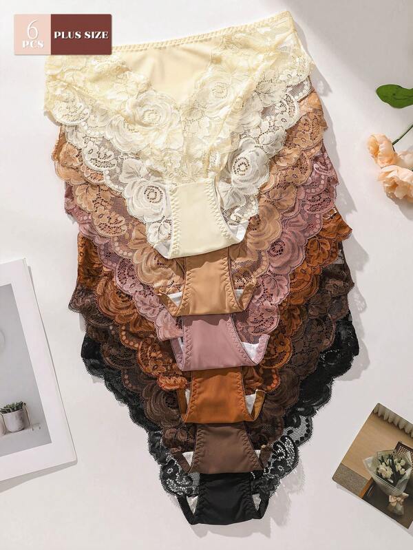 6 unidades/pacote plus size feminino sexy renda patchwork cor sólida roupa íntima respirável confortável