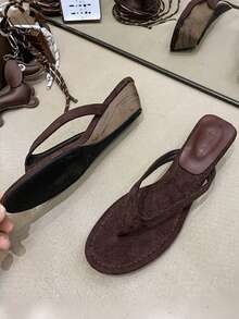 2025年夏季新款法式绒面坡跟一脚蹬凉鞋，百搭低跟拖鞋 - 棕色 - 查看 1