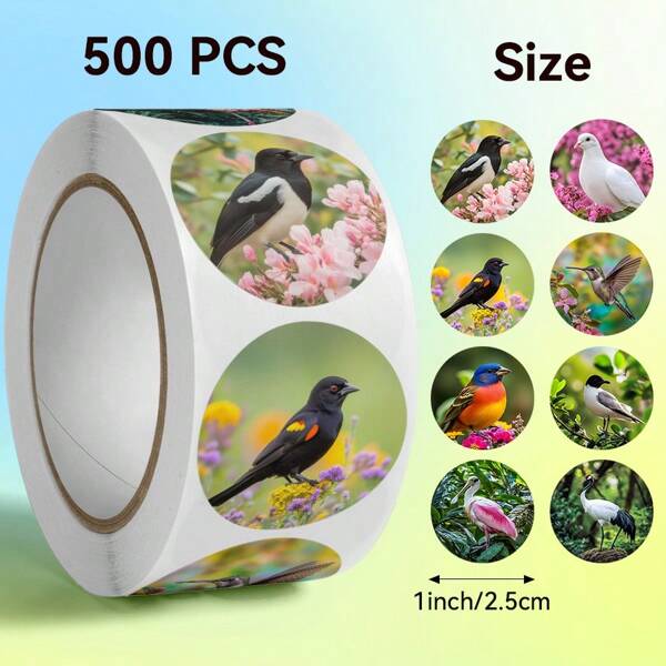 Pacote com 500 adesivos de pássaros fofos, redondos, tamanho 2,5 cm/1,0 polegada. Adesivos autoadesivos para scrapbooking, cartões, envelopes, artesanato, lembrancinhas de festa para adultos, lacres para embalagens, etiquetas. Para celulares, computadores, guitarras, skates, garrafas de água, scrapbooks, presentes, lembretes. Papelaria infantil.