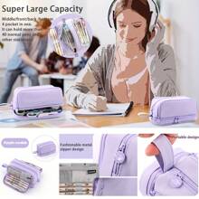 双层双拉链大容量时尚多功能铅笔盒，返校用品，儿童必备，粉色、蓝色、黑色可选