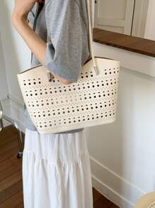Nova Bolsa Sacola com Design Perfurado e Vazado, Bolsa de Ombro para Praia para Mulheres, Compras Casuais de Férias