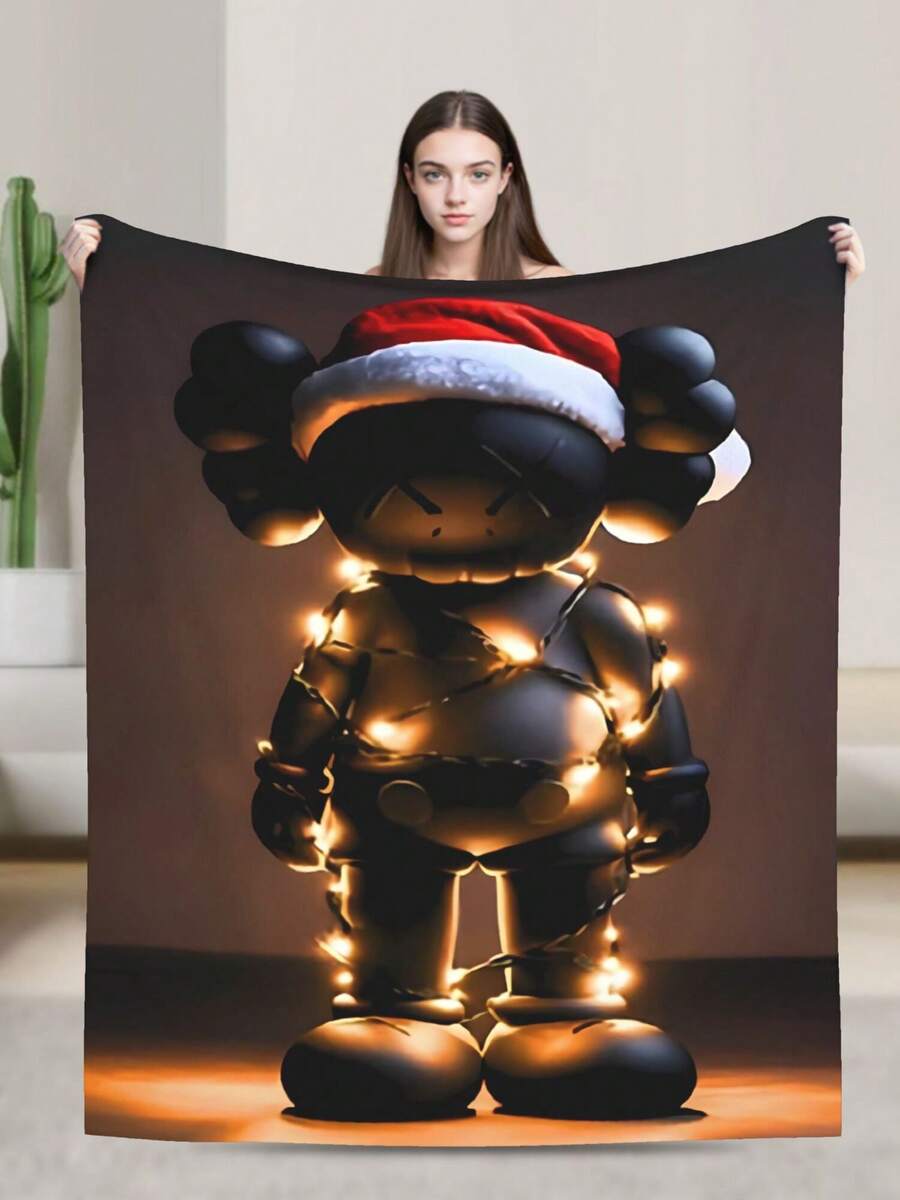 1pc Kawss Kawaii Kaw  Anime Themed Ultra Soft Reversible Flannel Throw Blanket - Contemporary Style, Digital Print, All Seasons Multipurpose Knitted Bedding, Anti-Pilling Polyester