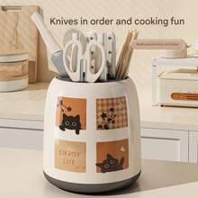 1 rotierender Küchenmesserhalter mit Utensilienaufbewahrung – Arbeitsplatten-Organizer für Messer, Gabeln und Essstäbchen, Braun, Weiß