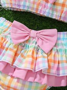 3 Peças Conjunto de Roupa para Bebê Menina: Regata com Estampa Floral de Morango Tecida com Decoração de Laço, Vestido com Babados em Camadas de Cintura Elástica e Chapéu, Uso Diário de Verão - Multicolorido - Visão 5