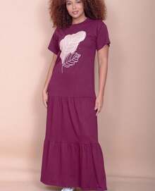 Vestido Longo Com Manga Curta Folha Bordô - bordô - Visão 1