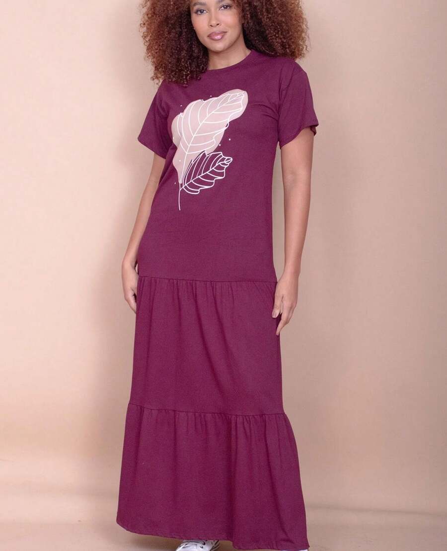 Vestido Longo Com Manga Curta Folha Bordô - bordô - Visão 1