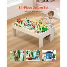 Train Table, 84 Multicolor Pieces Wooden Kids Activity Table With Collapsible Storage Bin, 3-In-1 Wooden Train Set For Gaming, Drawing, Reading, Eating, Creative Toy Set For Kids Ages 3+ - 84 Multicolor Pieces - View 3