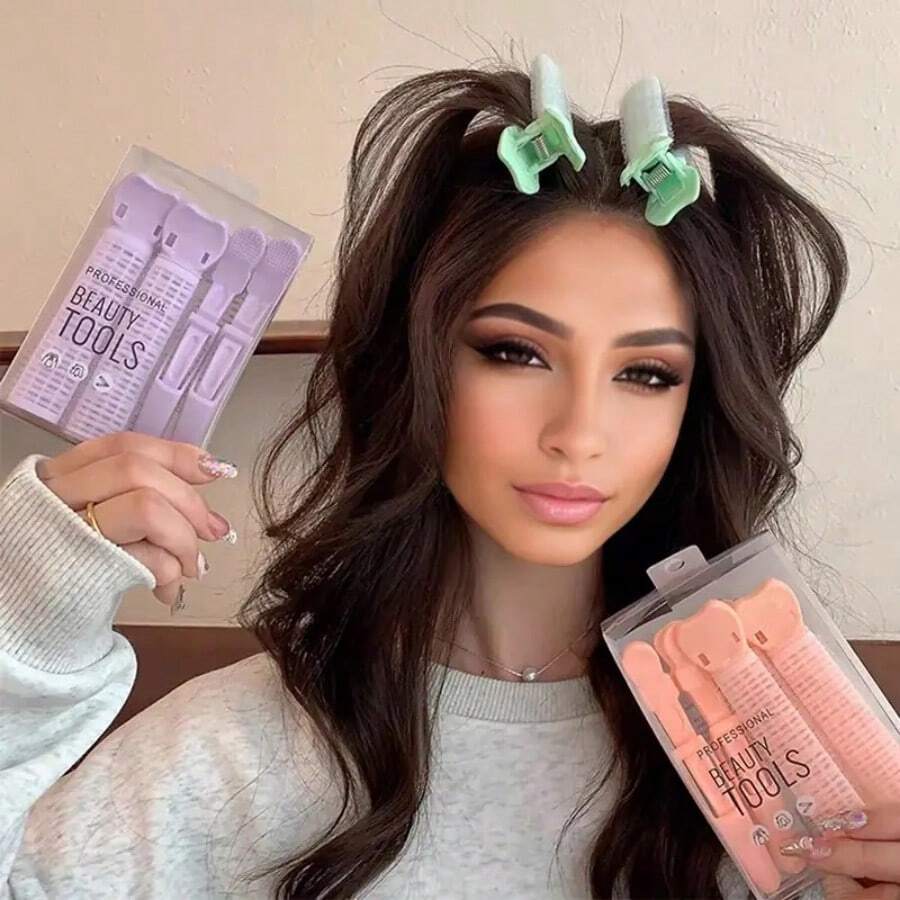 4 件套卷发器专业美容工具，丰盈卷发管，蓬松八字形丰盈夹，塑料发根空气刘海卷发夹卡，适合普通发质的手动卷发器，返校、旅行度假必备品，女士发饰