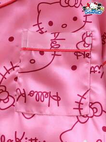 [Homely Gents]2pcs Authorized Satin Sanrio Hello Kitty Collar Short Sleeve Button Pocket Top And Bowknot Pants Pajama Set, Pink, Suitable For Home Wear, Spring/Summer - Pink - View 4