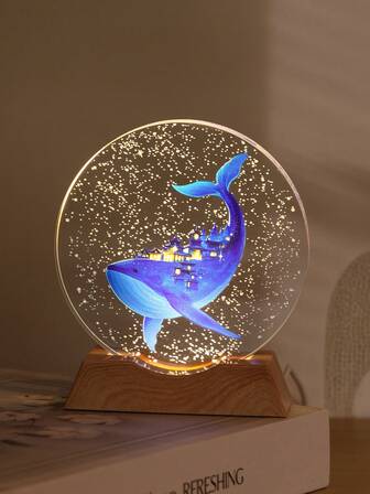 1 st. ny kreativ rund transparent glasmaterial med blåval och slottmönster/färgglatt delfinmönster, i kombination med en bas i hartsplast, lyser upp för att skapa en drömsk atmosfär, kan användas som dekorativ prydnad eller present