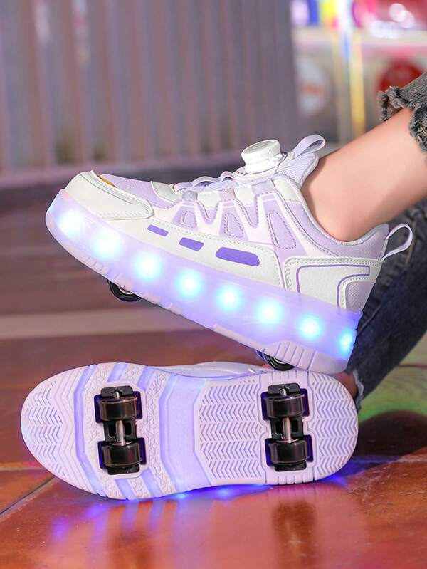 1 Pair Of Rechargeable LED Roller Skate Shoes For Teenagers, With Four Wheels, Detachable Wheels, Dual Modes, Indoor & Outdoor Use, Rotational Buckle For Easy Wear, Upgraded With Brake Component For Better Safety, SKATE