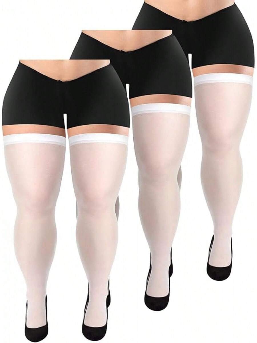 3 Pairs Plus Size Thigh High Stockings Semi Sheer Thigh High Socks Nylon Over The Knee Tights Pantyhose For Women - 白色 - 查看 1