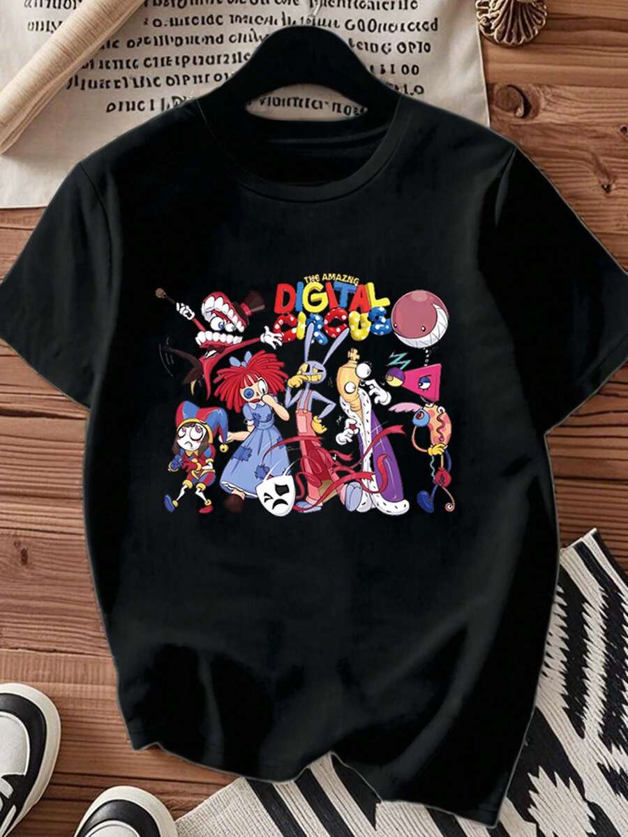 One piece shirts summer tops cotton  clothes women camisas de mujer lindas Circo Digital Asombroso camiseta 180g algodón negro blancaestampado personajesimpresión algodón alta calidadcuello redondoajuste básico holgadohombres y mujerestranspirableversátillavable a máquinacómodatalla S ~ 3XLdiariacasualdeportesimprescindible verano - Negro - Ver 1