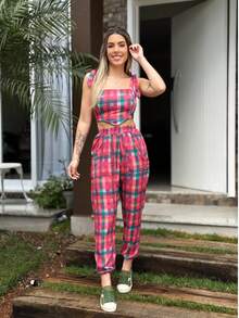 Women's Colorful Plaid Set - Red - View 1