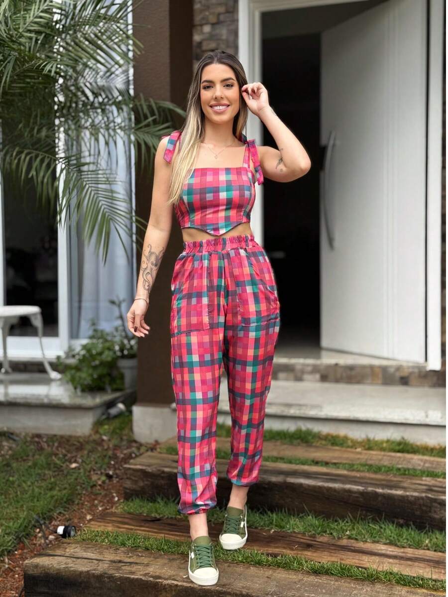 Women's Colorful Plaid Set - Red - View 1