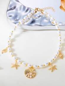 1 件波西米亚风格海洋主题海星和贝壳吊坠项链，适合女性海滩度假穿着 - 金色 - 查看 2