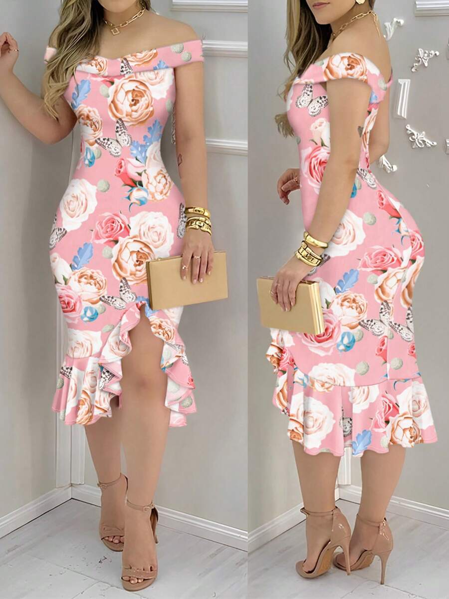 Floral Print Off Shoulder Ruffles Hem Bodycon Dress Sexy Slit Slim Fit Mid-Length Dress - Hồng - Xem 1