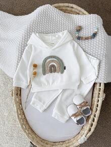 2Pcs/Set Baby Girls' Rainbow Embroidery Casual White Long Sleeve Hooded Sweatshirt & Long Pants Set, Autumn/Spring - White - View 3