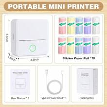 Mini Thermodrucker mit 10 Rollen selbstklebendem Papier, der kabellos Aufkleber ohne Tinte druckt. Ideal zum Erstellen von individuellen Bildern, Notizen und Etiketten für Scrapbooks, Tagebücher, Geburtstagsgeschenke, Halloween, Weihnachten, Karneval, Einschulung, Alltagsgeschenke