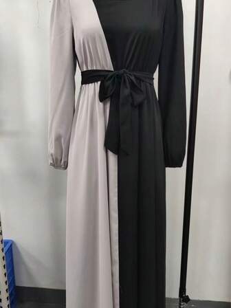 女士撞色拼布灯笼袖阿拉伯风格连衣裙，女士优雅连衣裙，女士度假服装，情人节服装，节日派对长袍连衣裙，女士生日服装，新年前夜连衣裙，新年女士服装