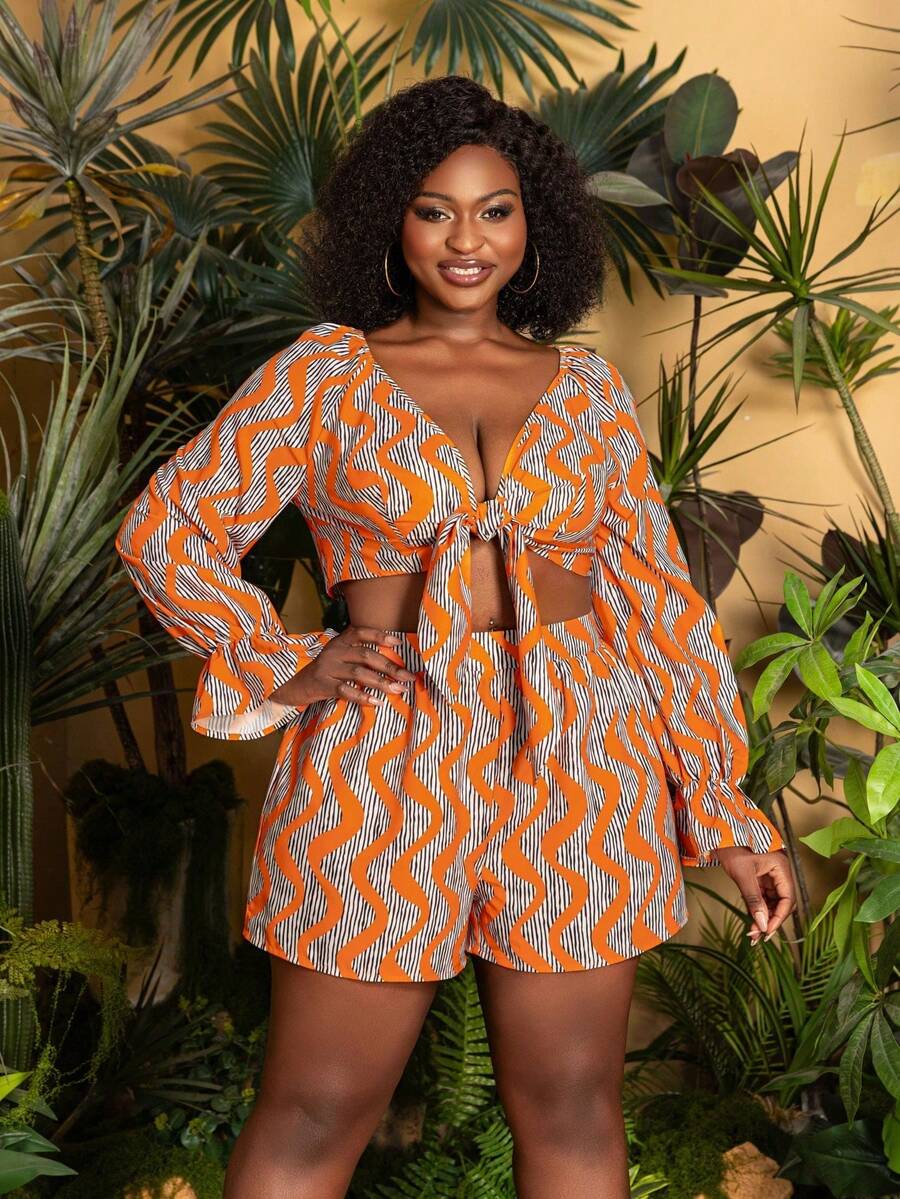 Faeriesty 2 Stücke/Set Große Größen Lässiges Langarm Top mit Schleife und weite Shorts, vielseitiger Frühlings-/Sommer-Outfit geeignet für Brunch, Strand, Wochenend-Shopping, Picknick und mehr Elegant - Orange - Übersicht 1