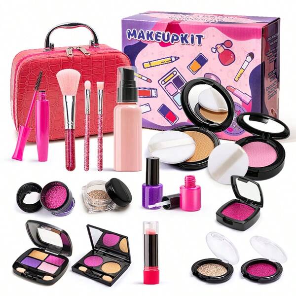21pcs Realistic Makeup Toy Set For Little Girls, Includes Fake Lipstick, 3 Makeup Brushes, Blush, Dual-Color Eyeshadow, Glitter, Powder Puff, Lotion Bottle, Mascara, Powder Compact, Quad Eyeshadow, Dual-Layer Eyeshadow, Nail Polish And Orange PU Bag, Suitable For Makeup Simulation And Role Play Games, Birthday Gift