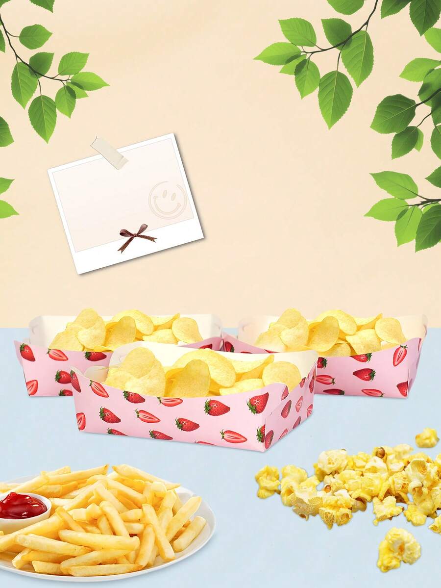 10pcs/20pcs/50pcs Strawberry Paper Food Boat Trays Pink Red Berry Fruit Food Boats Disposable Serving Tray Bowl Holder Disposable Paper Boats Containers For Wedding Berry First Birthday Babe Shower Party Snack