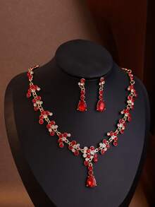 4pcs Elegant Baroque Rhinestone Crown Necklace And Earrings Set, Suitable For Wedding And Occasions Tiaras - Đỏ - Xem 2