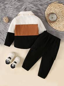 Set de 2 piezas de chaqueta con bordado de letras y pantalones largos de unicolor para bebés niños, para otoño/invierno - Negro - Ver 2