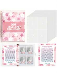 100 Envelopes Challenge Binder With Laminated $5050 Tracker Sheet & Pre-Numbered Pockets (Pink) Best Gifts Birthday Graduation