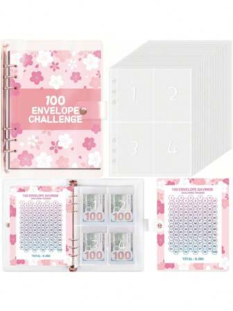 100 Envelopes Challenge Binder With Laminated $5050 Tracker Sheet & Pre-Numbered Pockets (Pink) Best Gifts Birthday Graduation