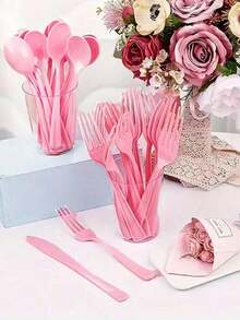 Zestaw 10/30 szt. różowych plastikowych naczyń stołowych, idealny na imprezy festiwalowe, Dzień Matki, wesela, urodziny i spotkania – modne noże do ciasta, widelce i łyżki – idealne na formalne wydarzenia i do jadalni