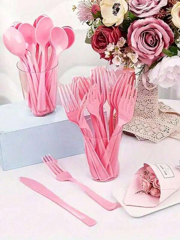 10/30pcs Pink Plastic Tableware Set, Suitable For Festival Parties, Mother's Day, Weddings, Birthdays And Gatherings - Fashionable Cake Knives, Forks And Spoons - Suitable For Formal Events And Dining