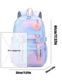 可爱的雪花色尼龙背包 - 轻巧宽敞，耐用，配有绒球饰物，非常适合上学和日常通勤，有蓝色/玫瑰色/粉色/紫色可供选择，旅行背包 - 彩色 - 查看 7