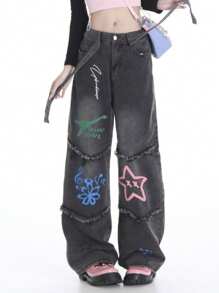 Jupkem Cute Low Rise Y2k Jeans Women Straight Leg Goth Star Graphic Wide Leg Kawaii Pants Y2k Aesthetic Baggy Jeans Korean Streetwear