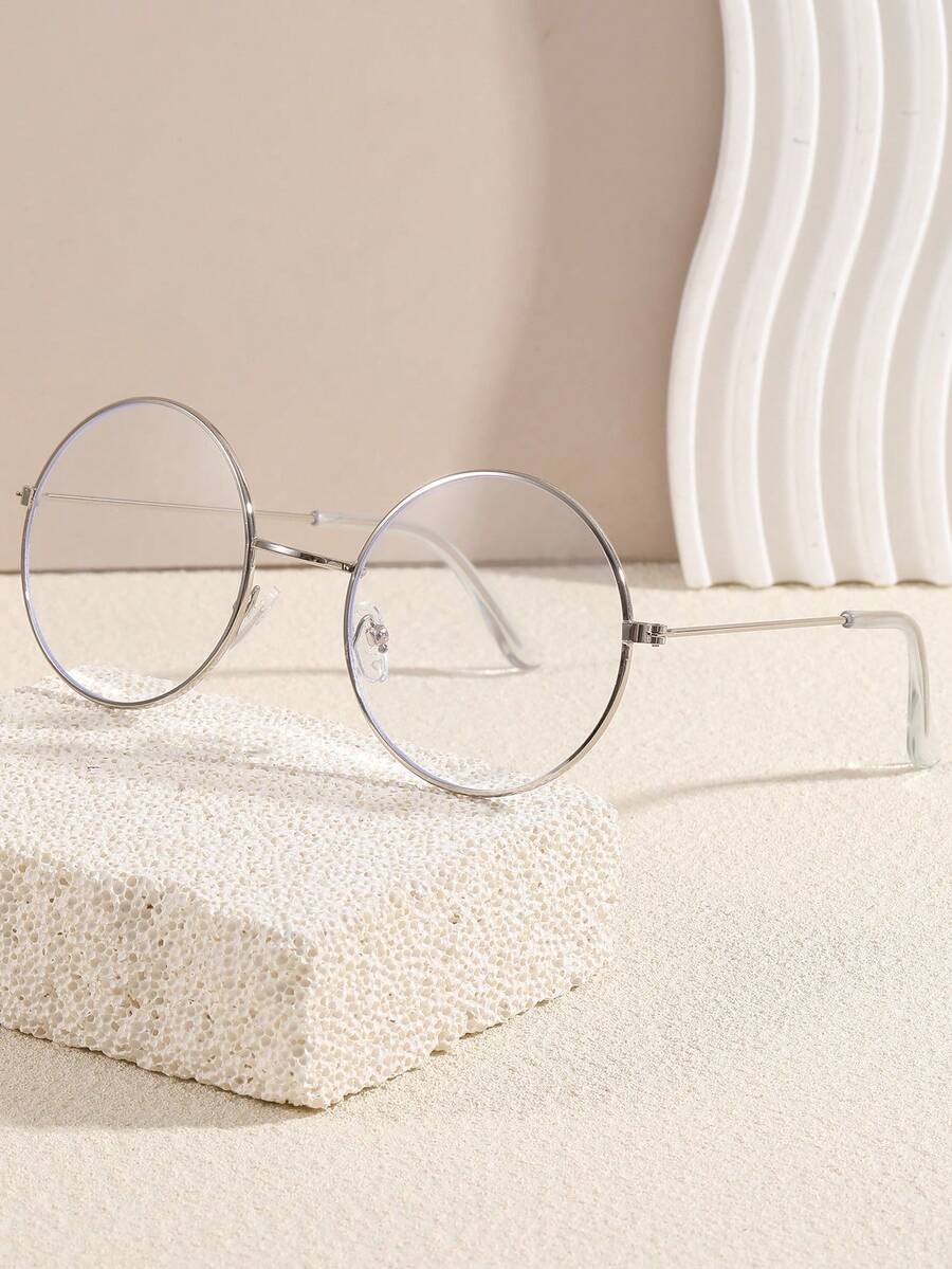1pc Vintage Round Clear Lens Glasses Unisex - Silver - View 1