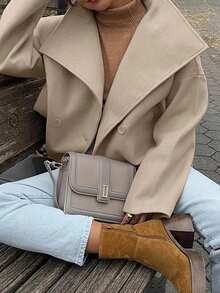 1pc Solid Color Thick Wool Blend Pocket Double Breasted Zipper Women Coat, Casual Autumn/Winter