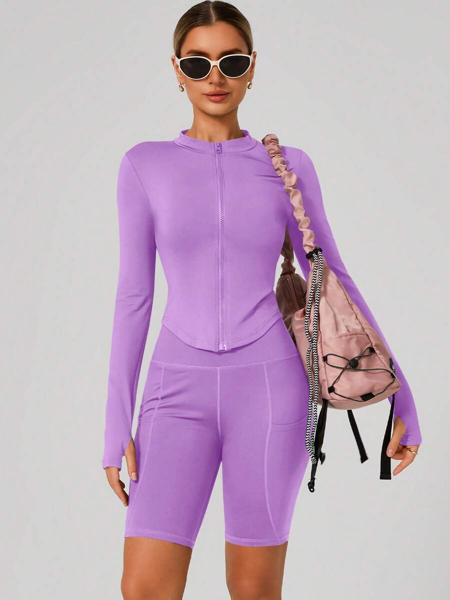 Women's Fashion Stand Up Collar Zipper Long Sleeve Yoga Jacket Tight And Soft Yoga Clothing Outdoor Fitness Sports Top Jacket Suitable For Fitness Exercise In Autumn - Violet Purple - View 1