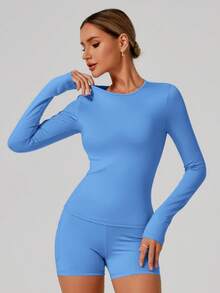 Women's Casual Comfortable Brushed Long Sleeve Yoga Clothing High Stretch Fitness Clothing Pilates Running Exercise Long Sleeve Tops Suitable For Fitness Exercise Wear Fall/Winter - Baby Blue - View 1
