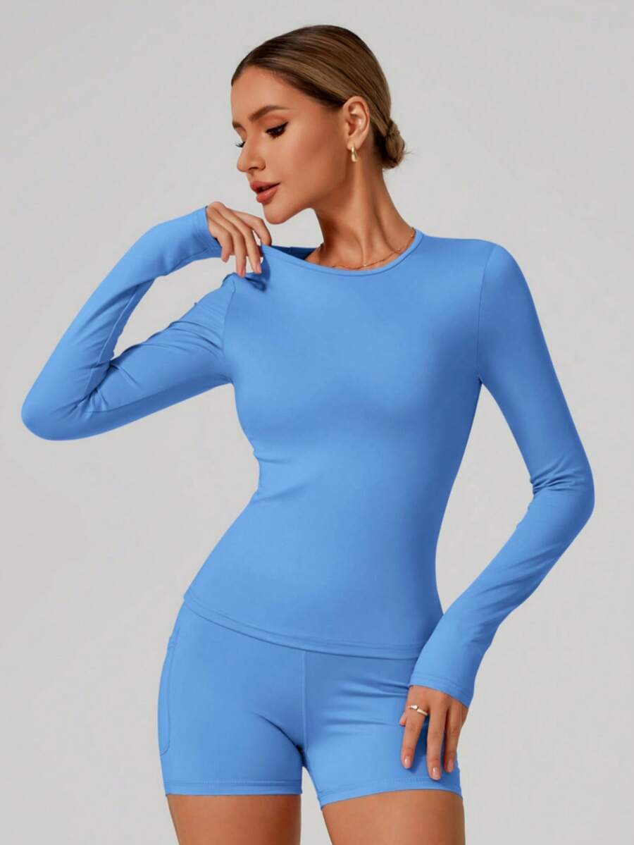 Women's Casual Comfortable Brushed Long Sleeve Yoga Clothing High Stretch Fitness Clothing Pilates Running Exercise Long Sleeve Tops Suitable For Fitness Exercise Wear Fall/Winter - Baby Blue - View 1