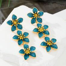 1 par de pendientes con colgante de 5 pétalos con flores estilo tropical recubiertos de epoxi para mujeres