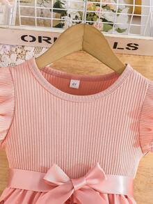 女童优雅盖袖罗纹蝴蝶图案连衣裙，夏季 - 粉色 - 查看 4