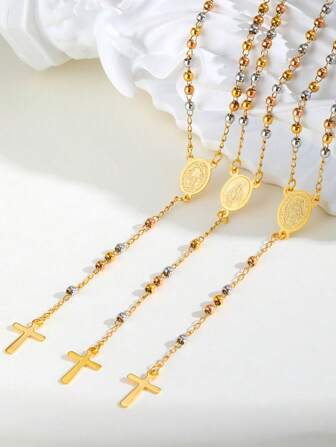 1pc Fashion Stainless Steel Tri-Tone Rosary With Oval Virgin Mary Cross Y-Shaped Pendant Necklace For Women, Christian Jewelry, Long Necklace