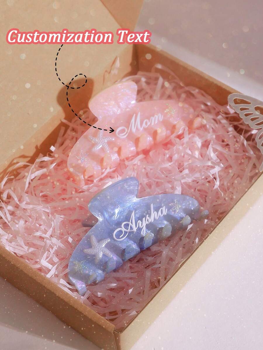 1 件夏季个性化海星名字设计亚克力发夹 - 闪亮装饰定制醋酸纤维发饰，适合新娘、伴娘、婚礼、周年纪念日和特殊场合，可爱发夹（套装包括礼品盒和拉菲草） - 彩色 - 查看 1