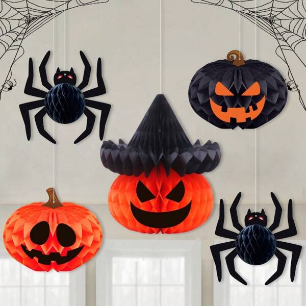 1 pezzo Decorazione appesa per Ognissanti, Pendente a sfera a nido d'ape con punti di colla, Zucca 3D, Ragno e decorazione appesa a nido d'ape per festa di Ognissanti, decorazione interna