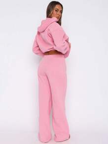 Two Pieces Set Autumn And Winter Casual Plain Sweatshirt Set, Hooded Pocket Top, Paired With Elastic Waist Drawstring Straight Leg Pants, Two Pieces Set.Outfits Suit - Pink - View 2